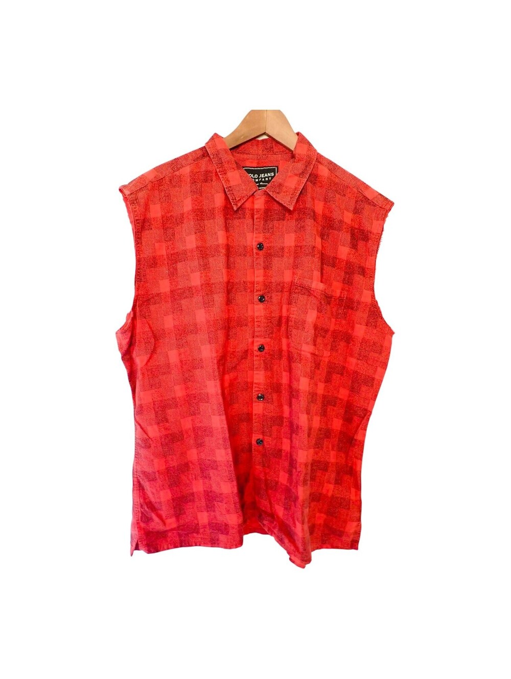 Vintage Polo Jeans Co Ralph Lauren Plaid Shirt Cut Off Sleeveless Mens Large Red